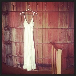 The dress that my sis brought for the ritual, hanging in the barn afterwards.
