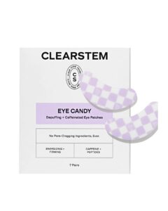 A box of ClearStem Eye Candy depuffing eye patches with two purple checkered patches beside it.